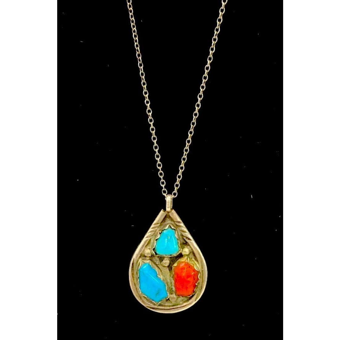 Old Pawn Zuni Turquoise Coral Pendant Necklace Billy & Nettie Nastacio Sterling