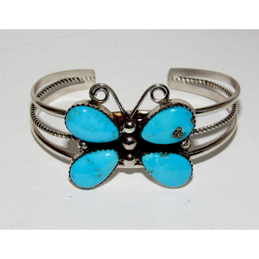 Navajo Kingman Turquoise Butterfly Cuff Bracelet Sterling Silver Signed