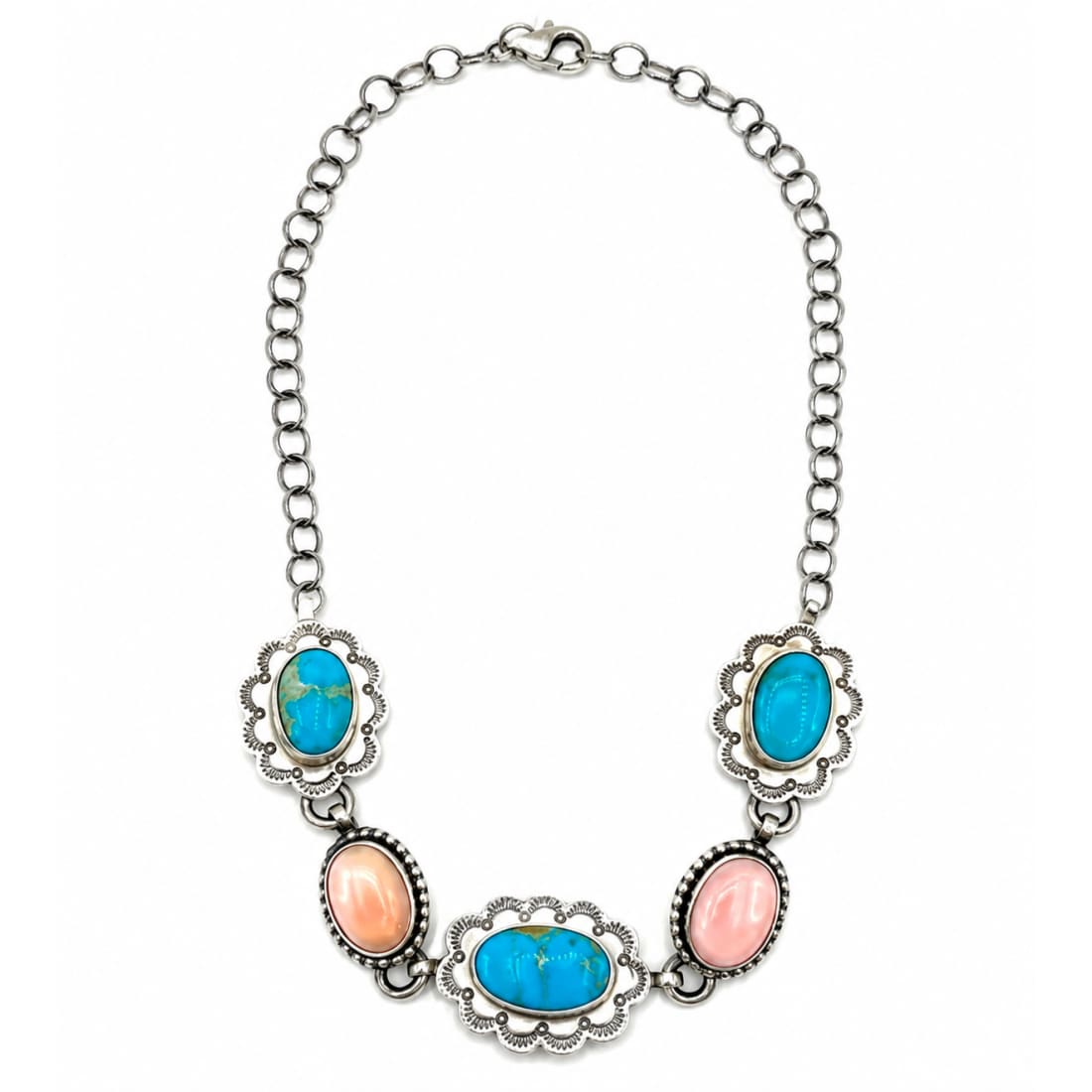 Navajo Sleeping Beauty Turquoise Pink Conch Sterling Silver Choker Necklace S Skeets