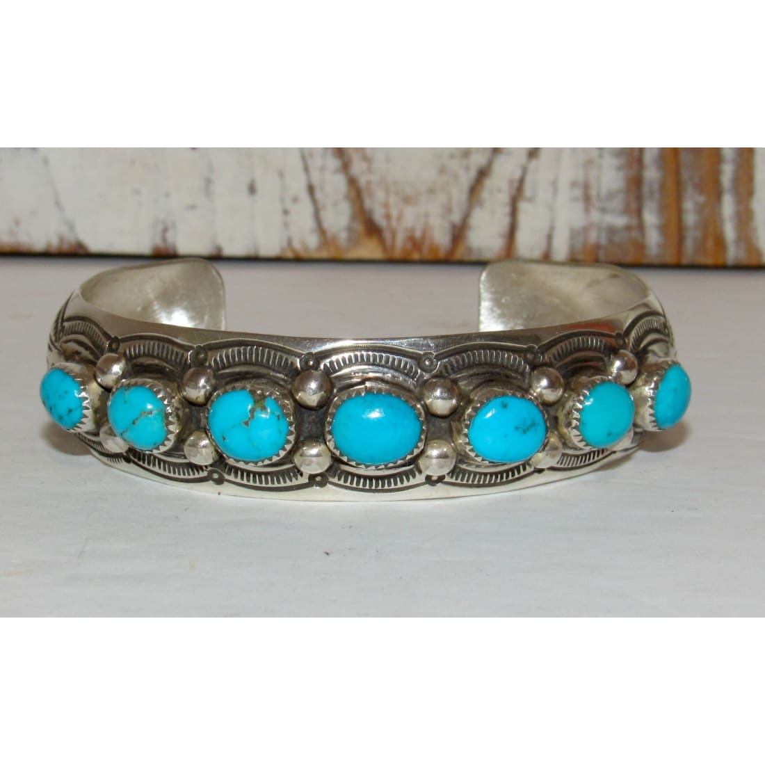 Navajo Blue Royston Turquoise Cluster Cuff Bracelet Sterling Silver Signed