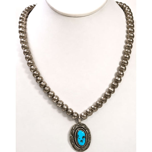 Vintage Navajo Morenci Turquoise Pendant Sterling Navajo Pearls Necklace M Monte