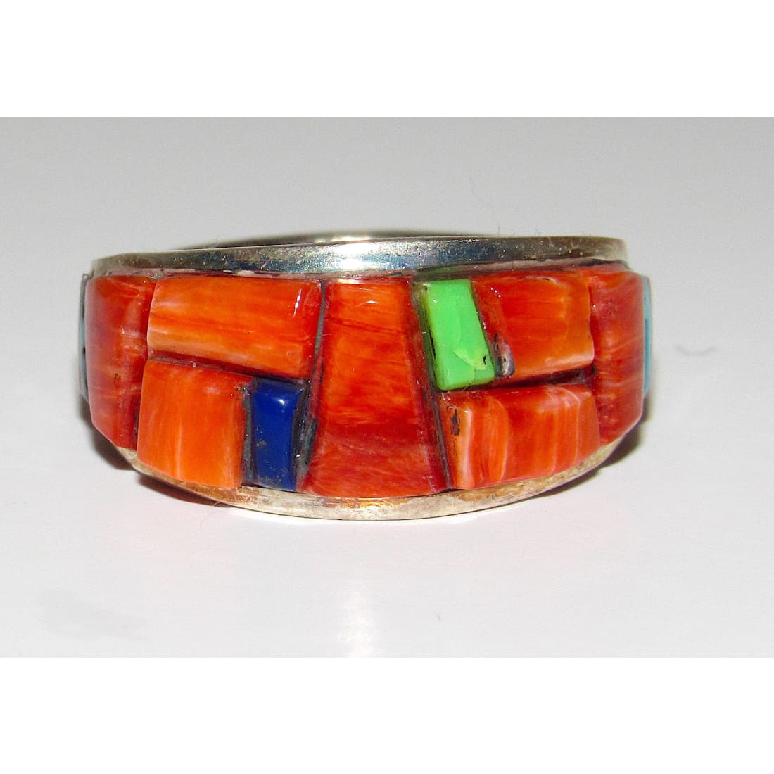 Navajo Red & Orange Spiny Cobble Inlay Ring Sz 7.5 Sterling Silver E. Yazzie