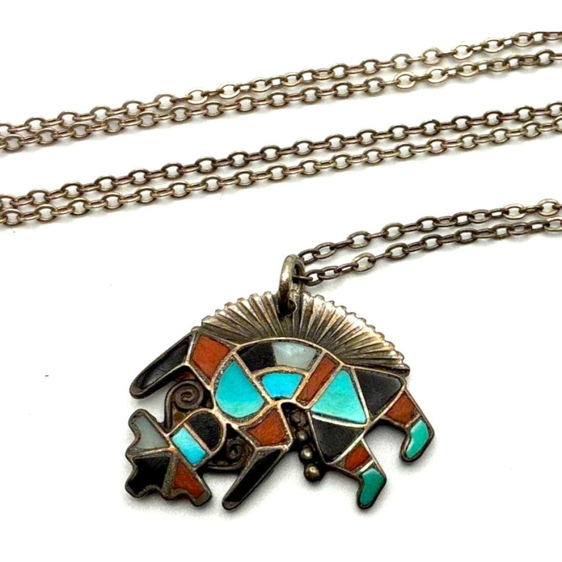 Old Pawn Zuni Rainbow Man Kachina Pendant Necklace Sterling Silver Turquoise Coral MOP