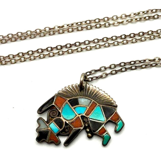 Old Pawn Zuni Rainbow Man Kachina Pendant Necklace Sterling Silver Turquoise Coral MOP