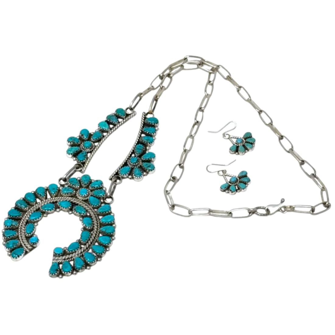 Navajo Turquoise Cluster Naja Squash Blossom Necklace & Earrings Set Sterling Nez