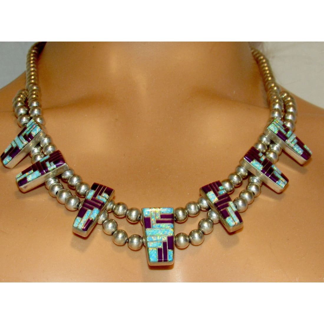 Vintage Navajo Sugilite Opal Necklace Navajo Pearls Sterling Silver Signed