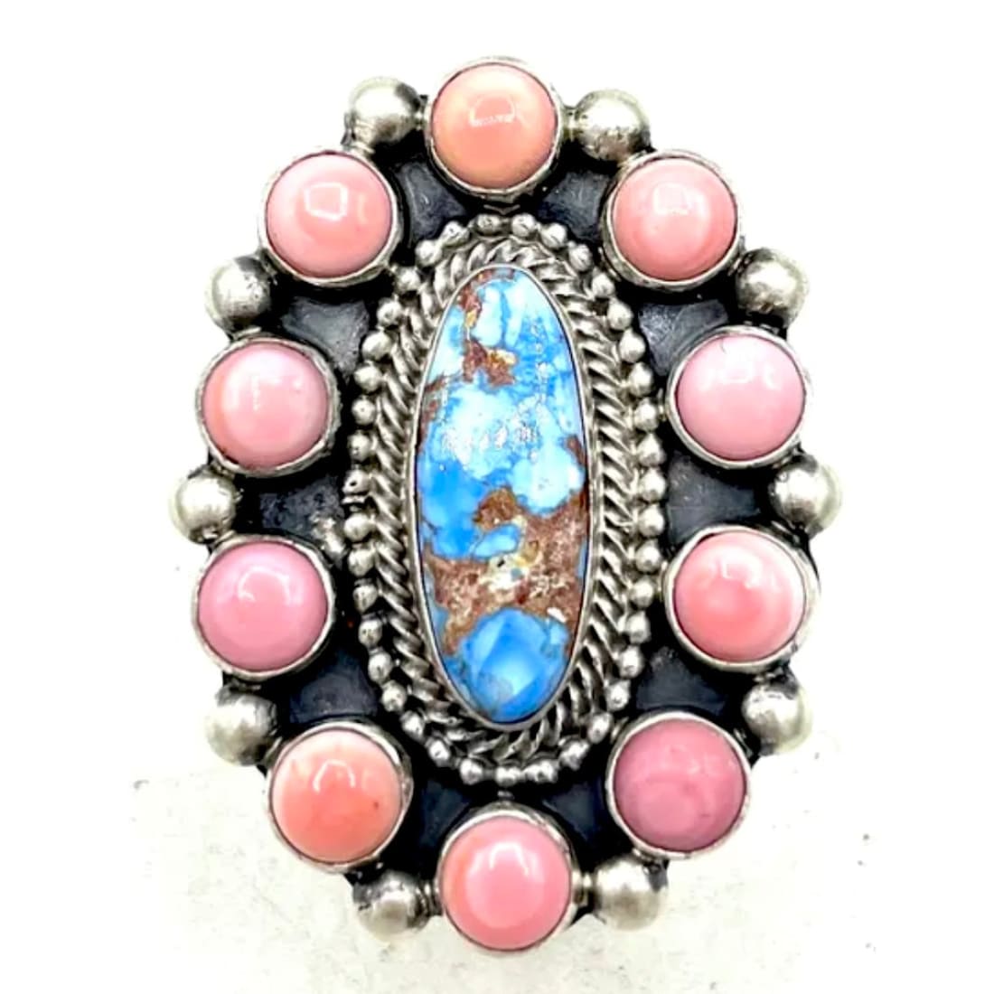 Navajo Golden Hills Turquoise Pink Conch Cluster Ring Size 8 Adjustable T Lewis