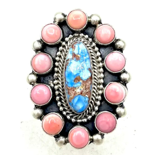 Navajo Golden Hills Turquoise Pink Conch Cluster Ring Size 8 Adjustable T Lewis