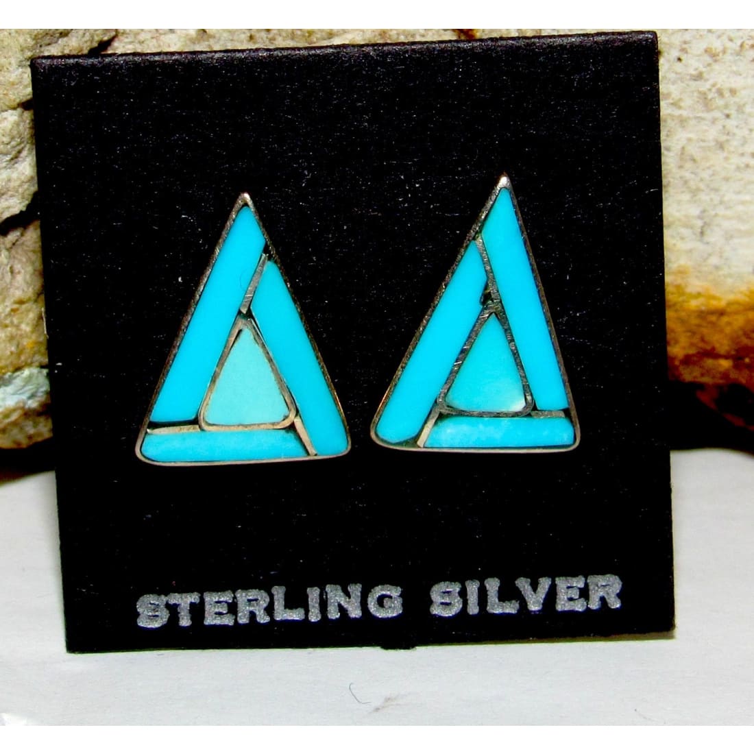 Zuni Turquoise Inlay Post Earrings Sterling Sleeping Beauty Turquoise