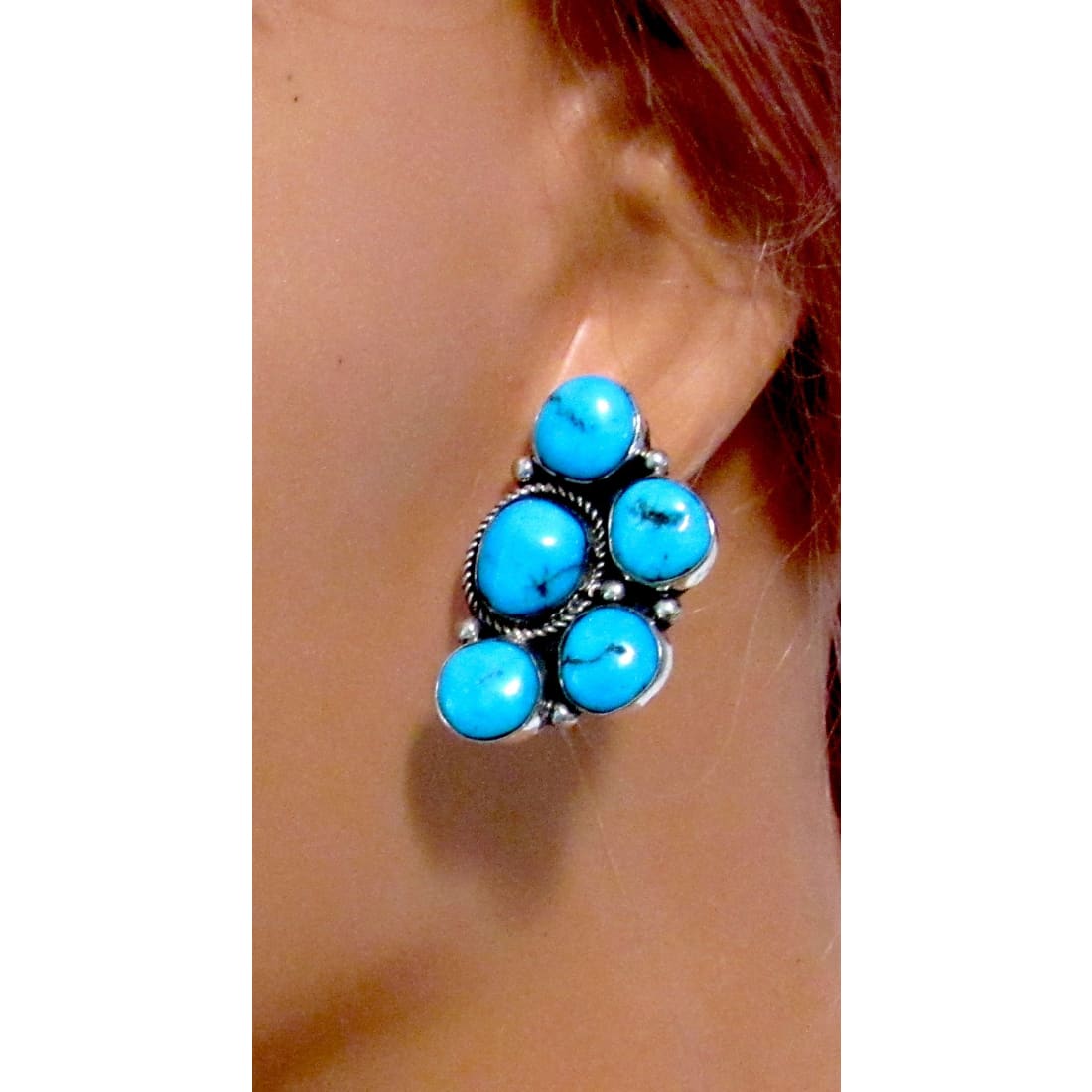 Navajo Kingman Turquoise Half Cluster Post Earrings Sterling Silver J. Yazzie