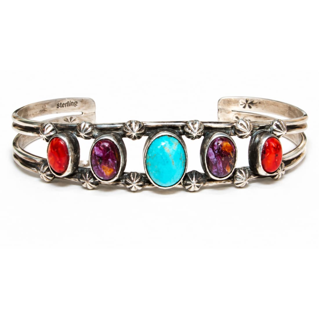Navajo Cuff Bracelet Turquoise Purple Spiny Red Spiny Sterling Silver Stacker