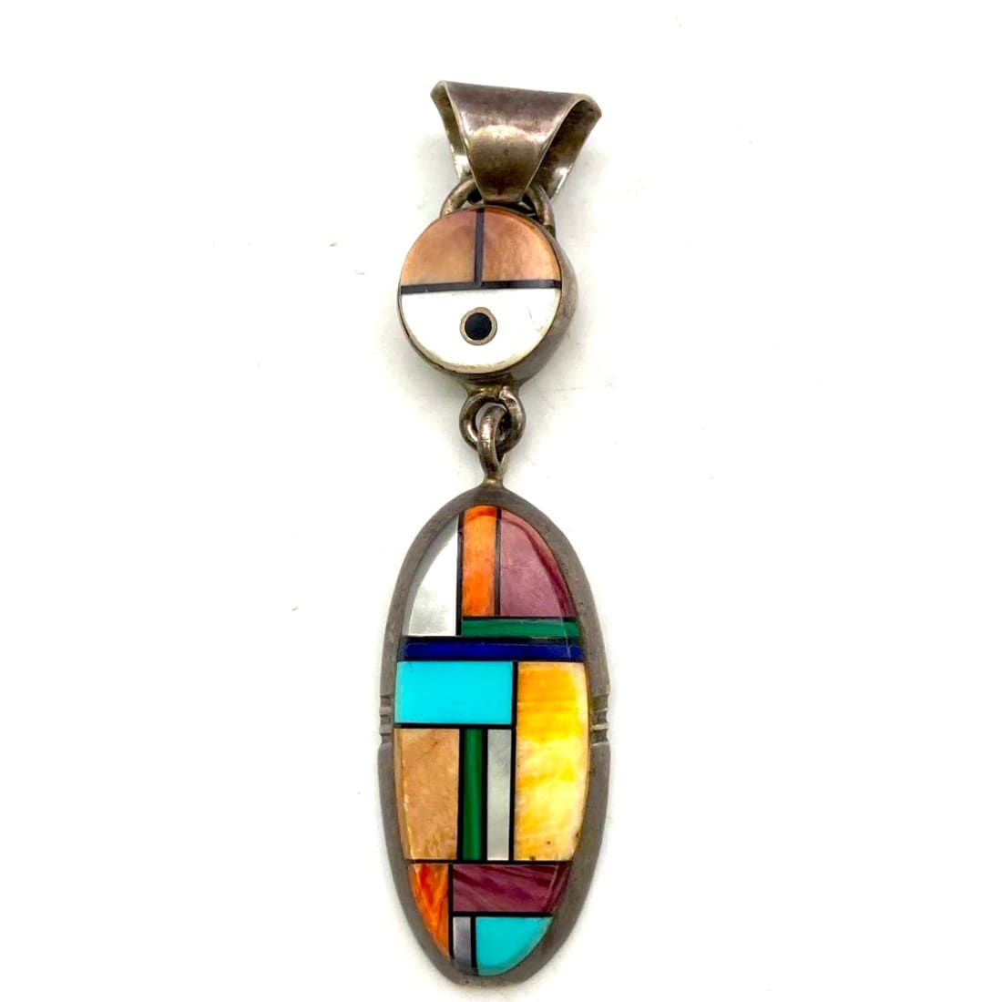 Zuni God's Eye Pendant Necklace Sterling Silver Turquoise Spiny Inlay Vintage