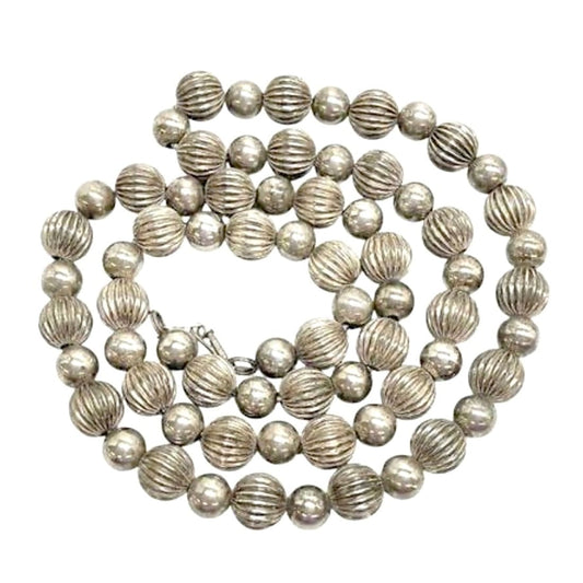 Vintage Navajo Pearls Necklace Sterling Silver Stamped Fluted Beads 26"L