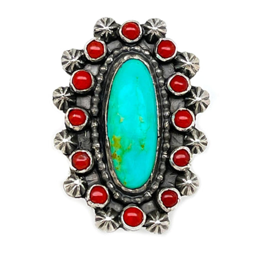 Navajo Cluster Ring Sz 9 Royston Turquoise Coral Sterling Silver A. Yazzie