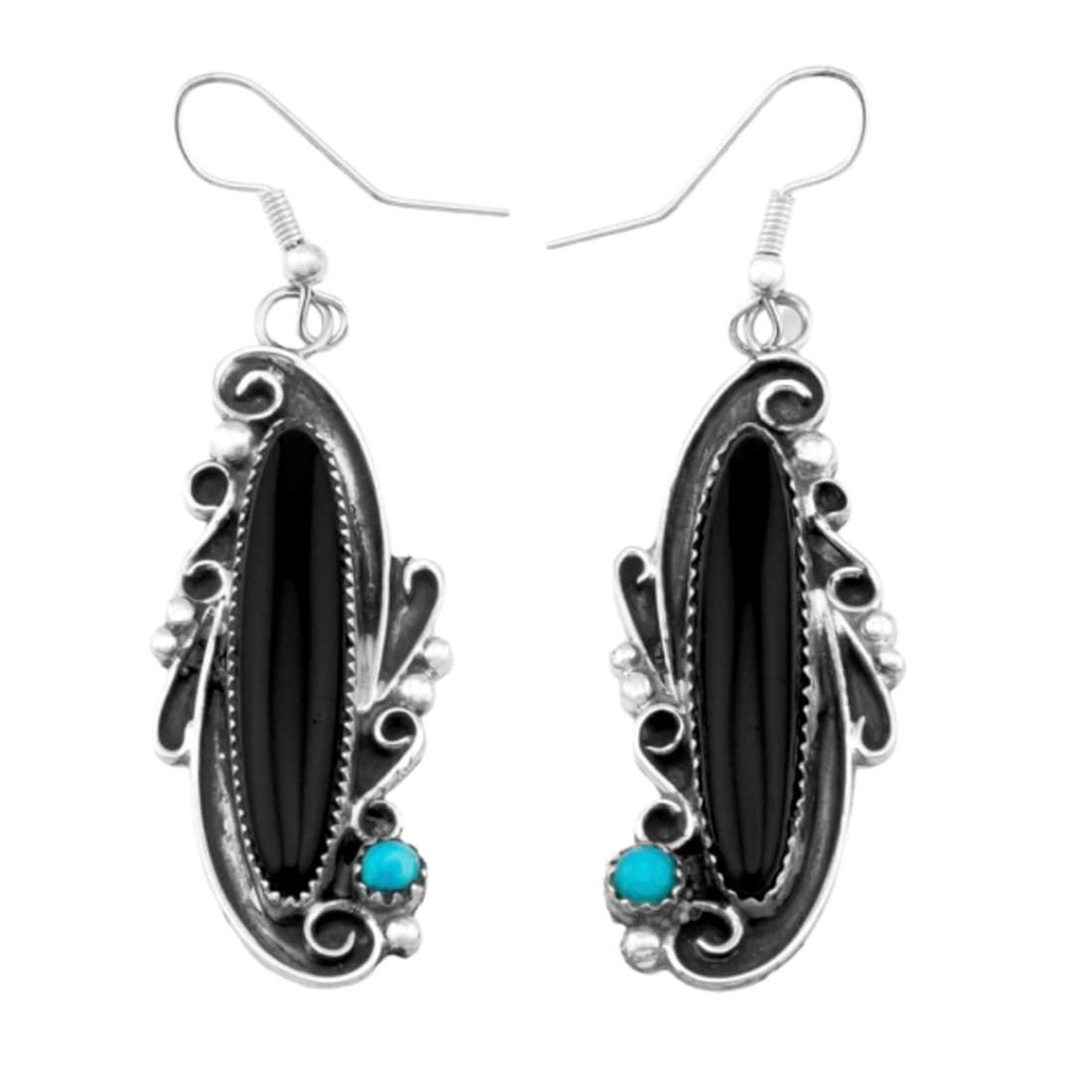Navajo Onyx Turquoise Dangle Earrings Sterling Silver S. Yazzie showcasing intricate designs and vibrant stones.