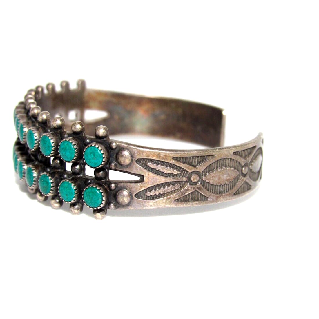 Old Pawn Zuni Snake Eye Turquoise Double Row Cuff Bracelet Sterling Silver