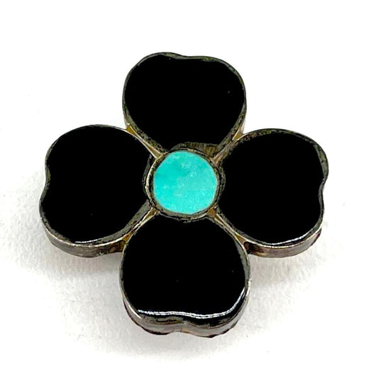 Vintage Zuni Flower Inlay Pin Pendant Brooch Turquoise Jet Sterling Silver
