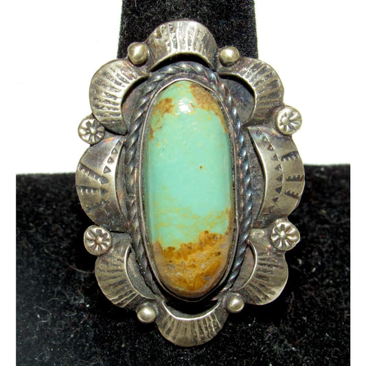 Navajo Royston Turquoise Statement Ring Sz 9 Sterling Silver Signed Native