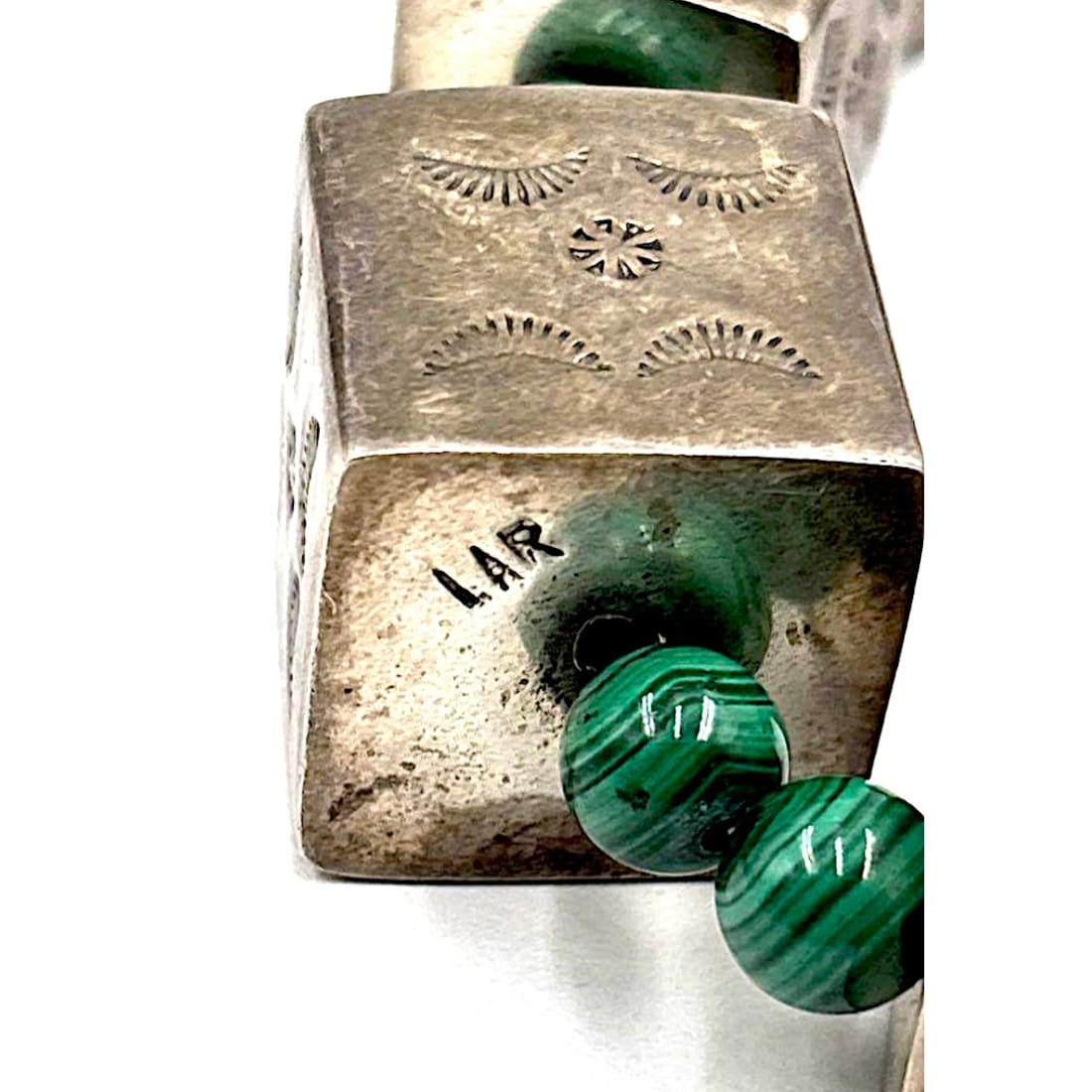Signed Vintage Larry Curley Navajo Heavy 95g Sterling Box Bead & Malachite Necklace