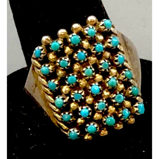 Vintage Zuni Snake Eye Turquoise Cluster Ring Size 8 Sterling Silver