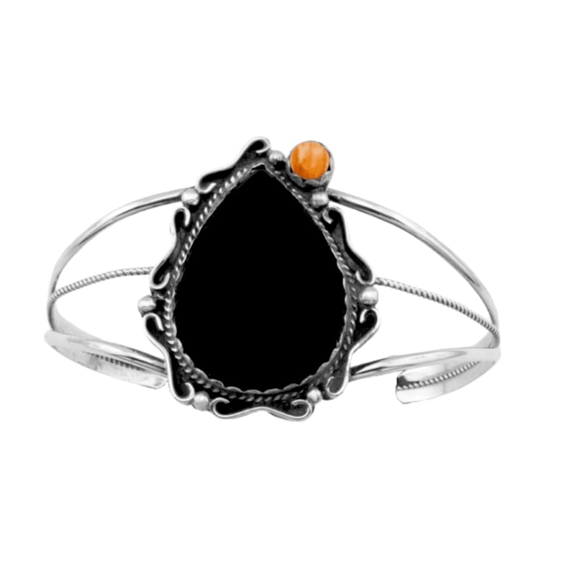 Navajo Cuff Bracelet Onyx Orange Spiny Sterling Silver Native American S. Yazzie