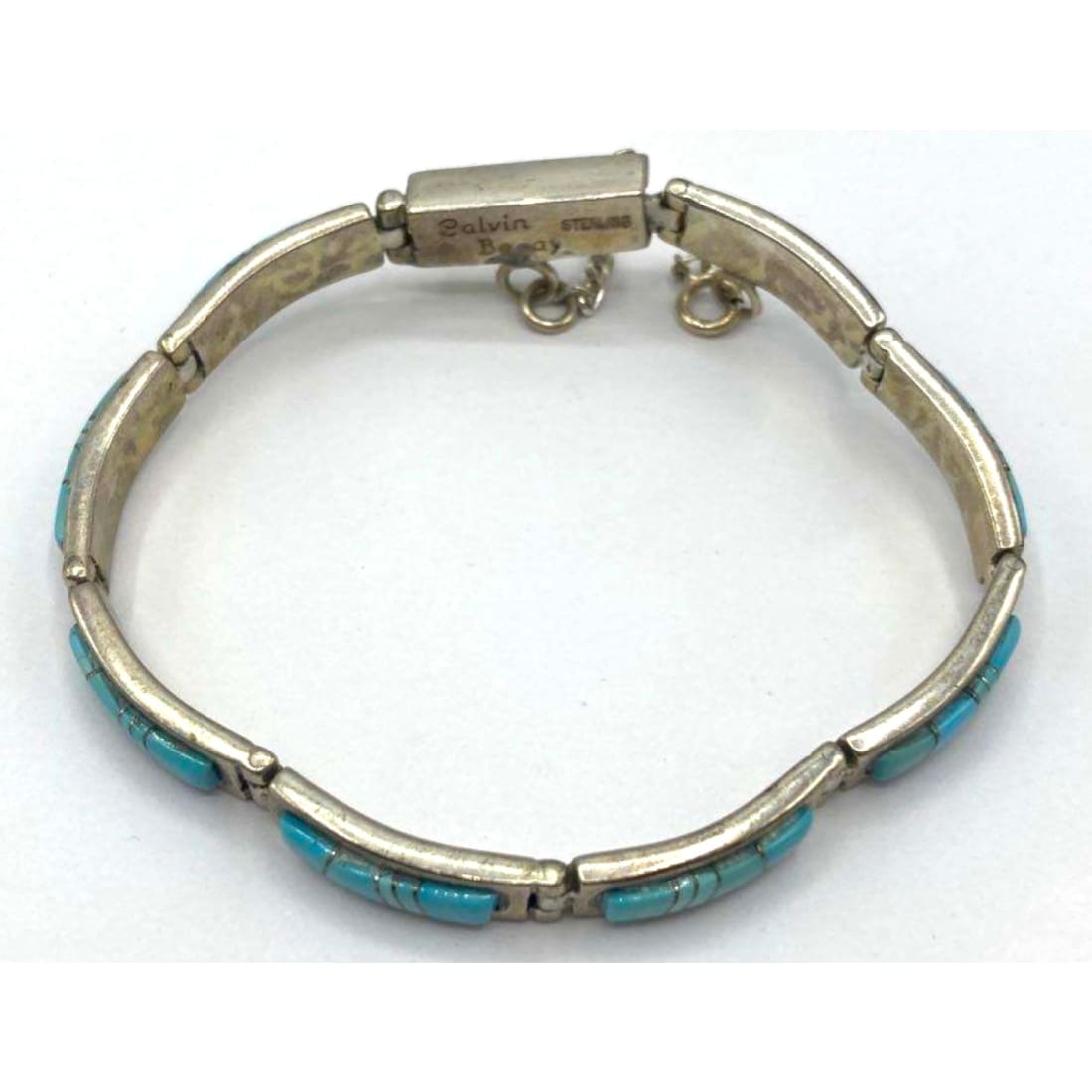 Navajo Turquoise Inlay Link Bracelet Sterling Silver Calvin Begay