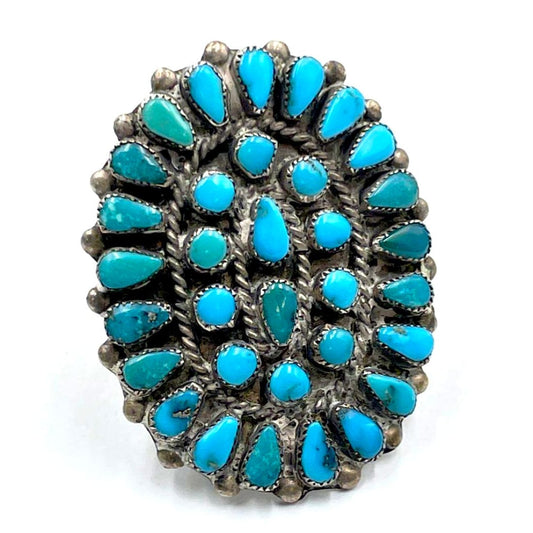 Old Pawn Navajo Turquoise Cluster Ring Sz 7 Sterling Native Vintage