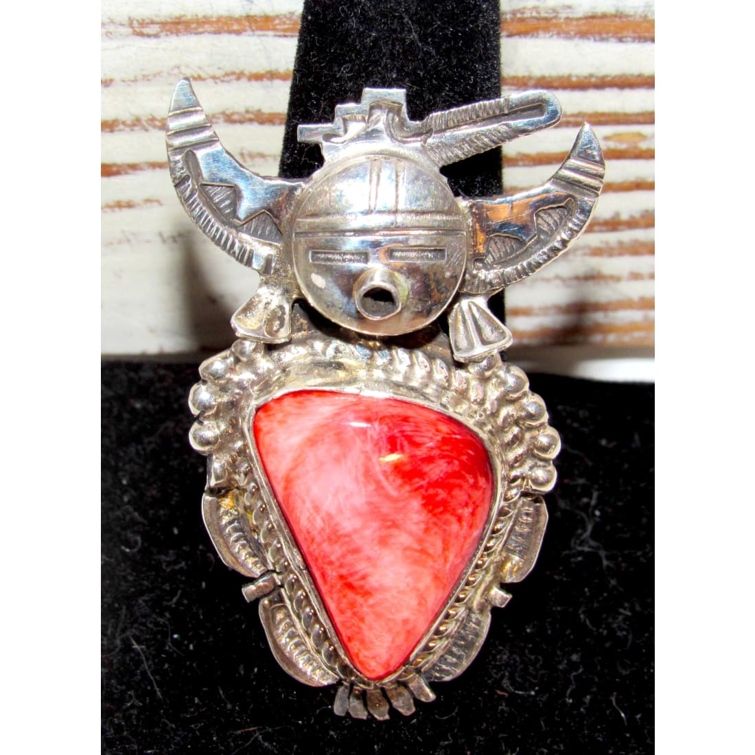 Large Navajo Kachina Ring Sz 11 Bennie Ration Red Orange Spiny Sterling