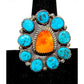 Navajo Cluster Ring Sz 7.5 Orange Spiny Oyster Kingman Turquoise Sterling Silver