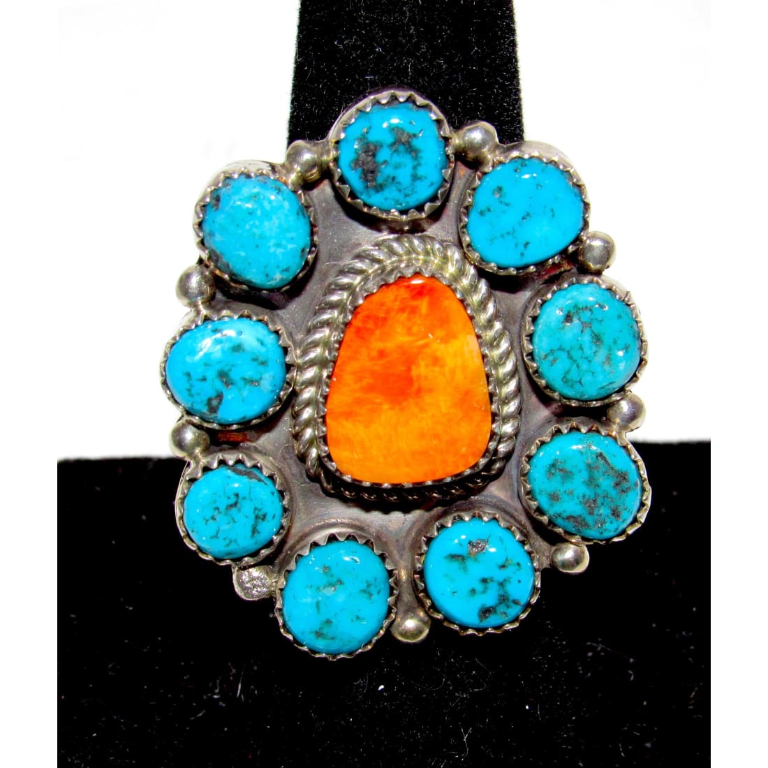 Navajo Cluster Ring Sz 7.5 Orange Spiny Oyster Kingman Turquoise Sterling Silver