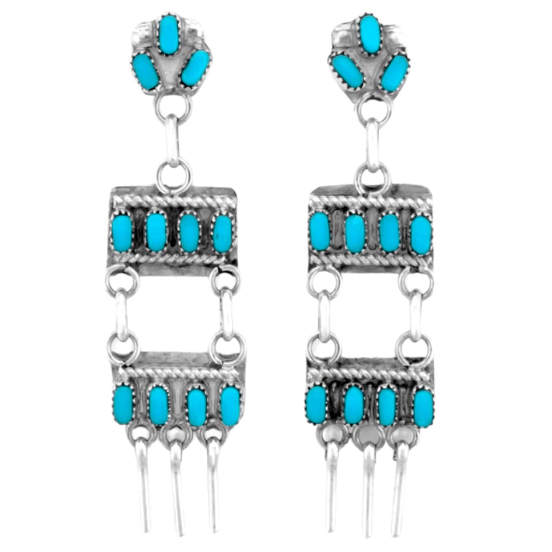 Zuni turquoise dangle earrings with sterling silver and Sleeping Beauty turquoise, showcasing intricate vintage design.