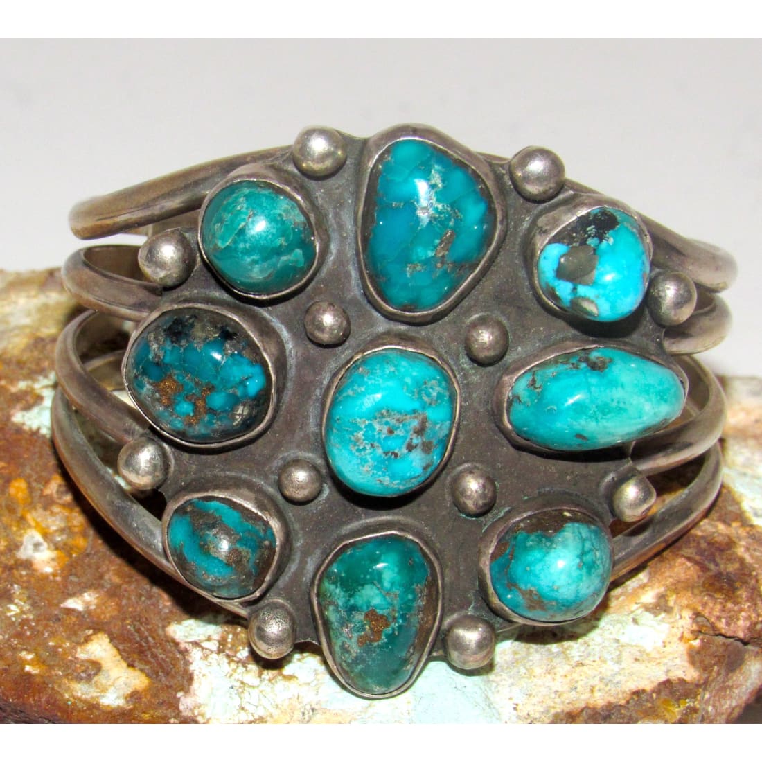 Vintage Massive Navajo Morenci Turquoise Cluster Cuff Bracelet Silver Native Signed