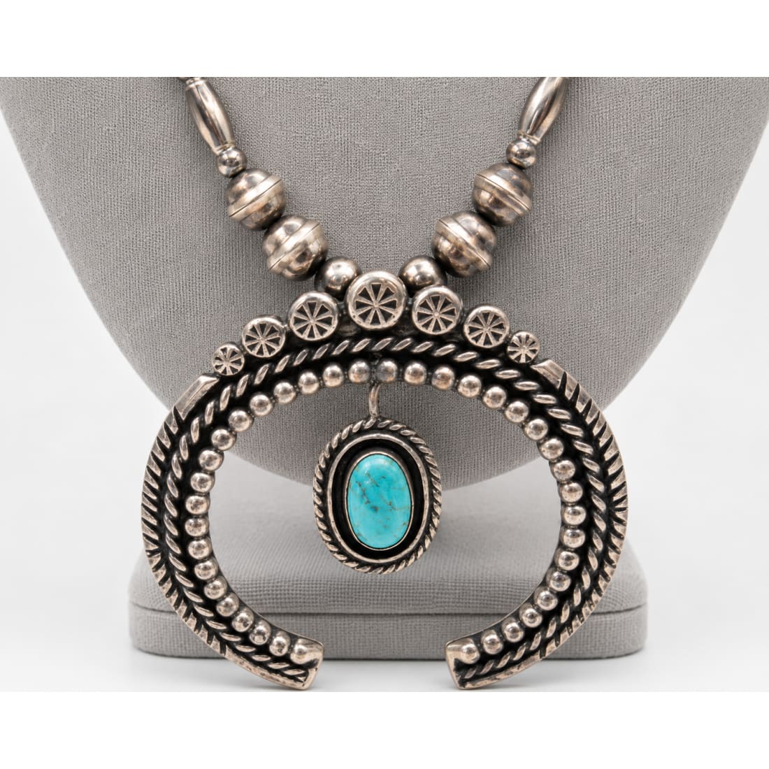 Vintage Navajo Squash Blossom Naja Necklace Sterling Silver Turquoise Navajo Pearls