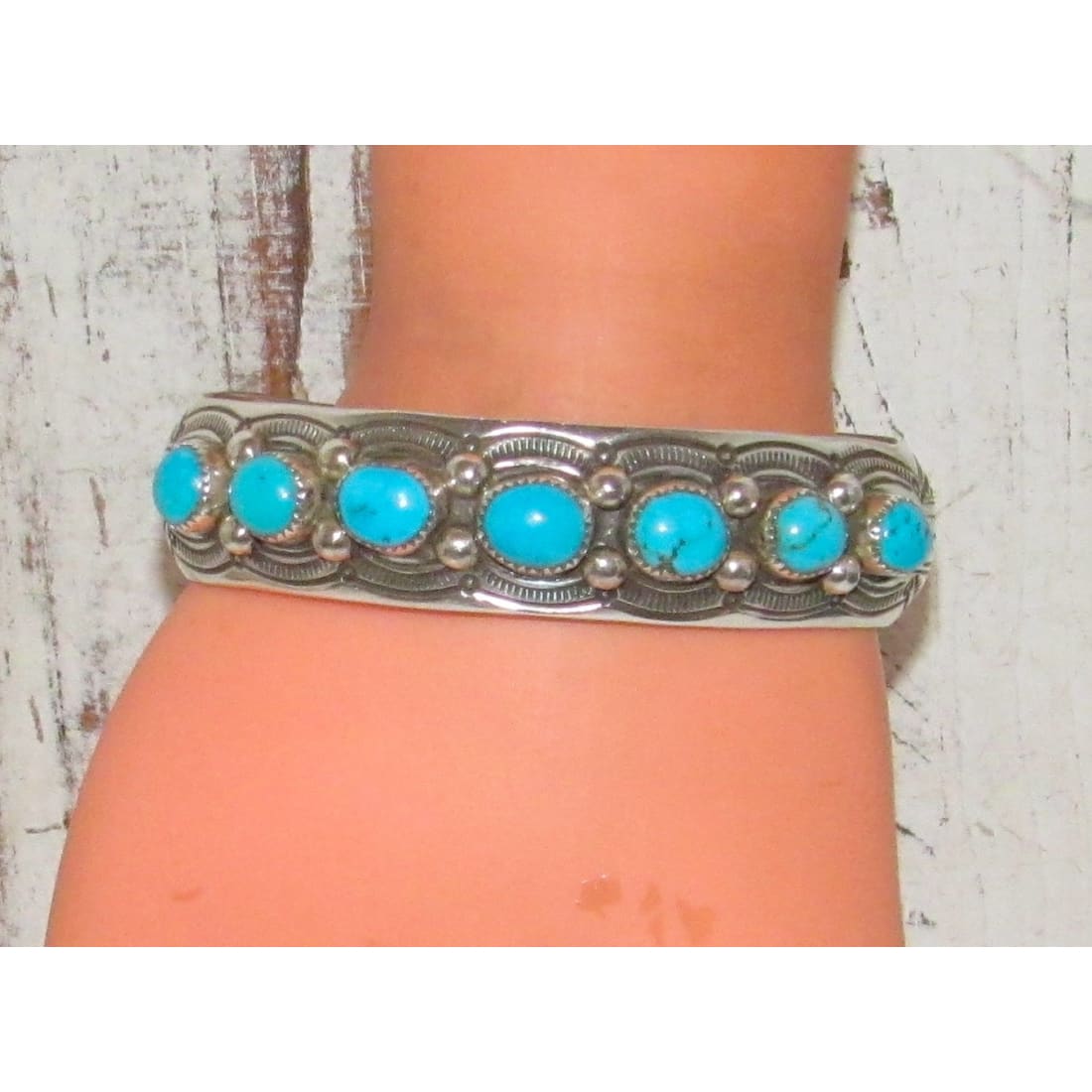 Navajo Blue Royston Turquoise Cluster Cuff Bracelet Sterling Silver Signed