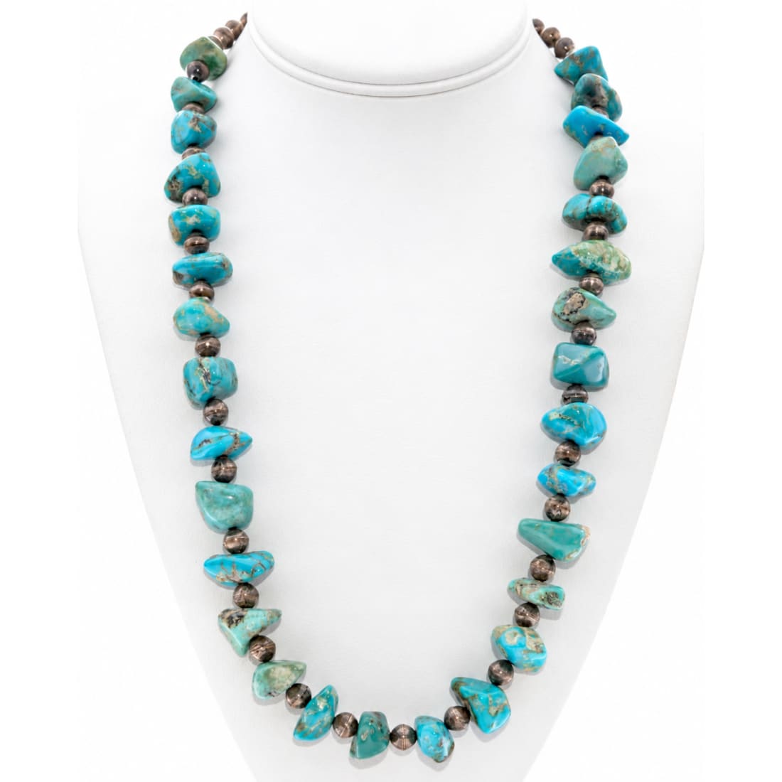 Old Pawn Navajo Pearls Necklace Saucer Beads Sterling Turquoise Nugget Heishi