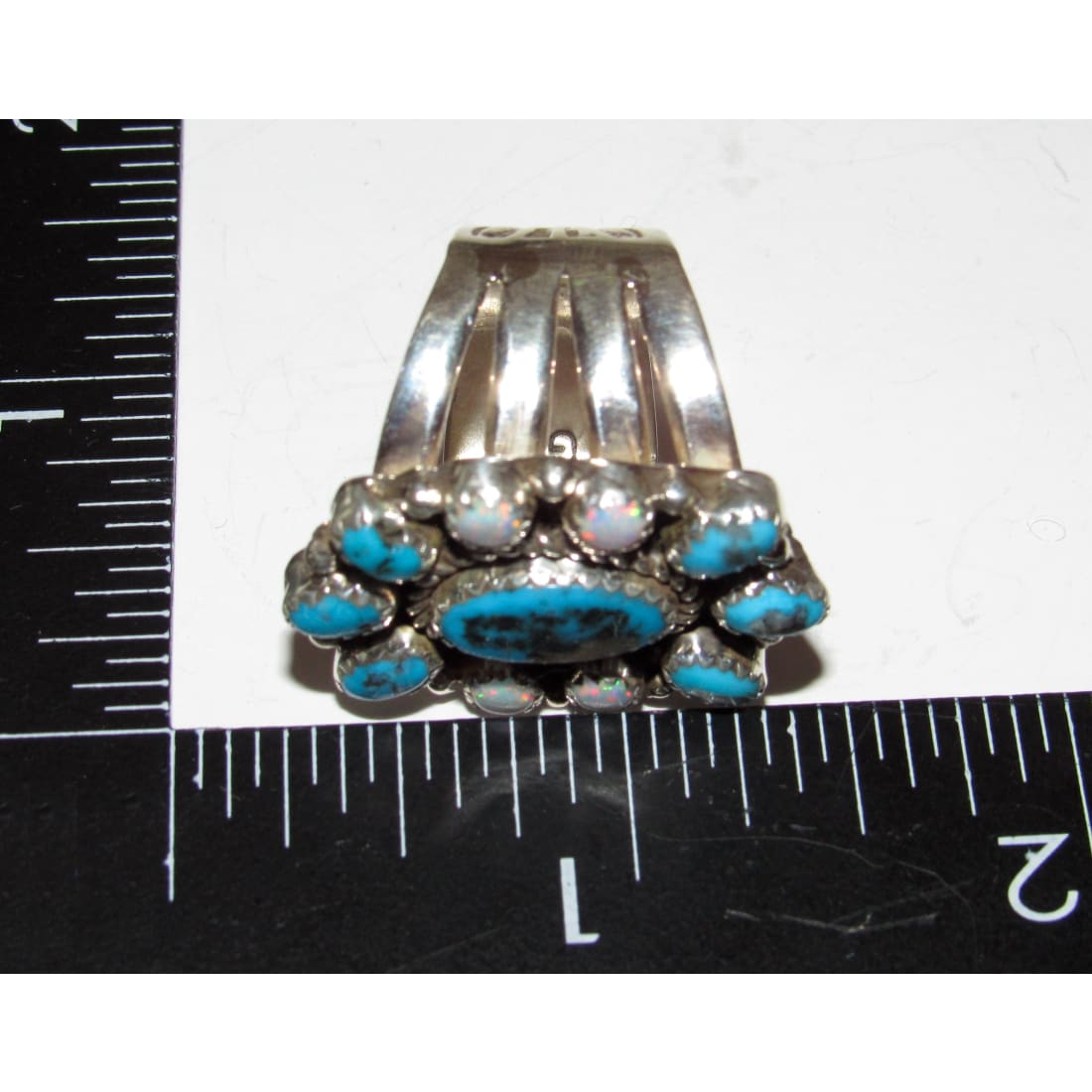 Navajo Turquoise Opal Cluster Ring Sz 10 Sterling Silver Signed Native American