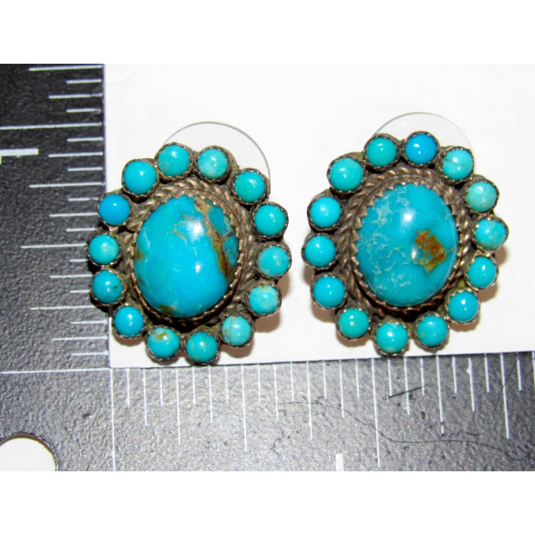 Vintage Navajo Morenci Turquoise Cluster Post Earrings Sterling Silver P. Yazzie