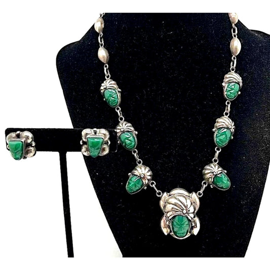 Early Taxco Mexico Sterling Silver & Green Onyx Set Aztec