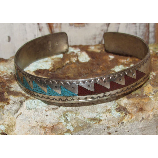 Early Vintage Navajo Turquoise Coral Inlay Cuff Bracelet