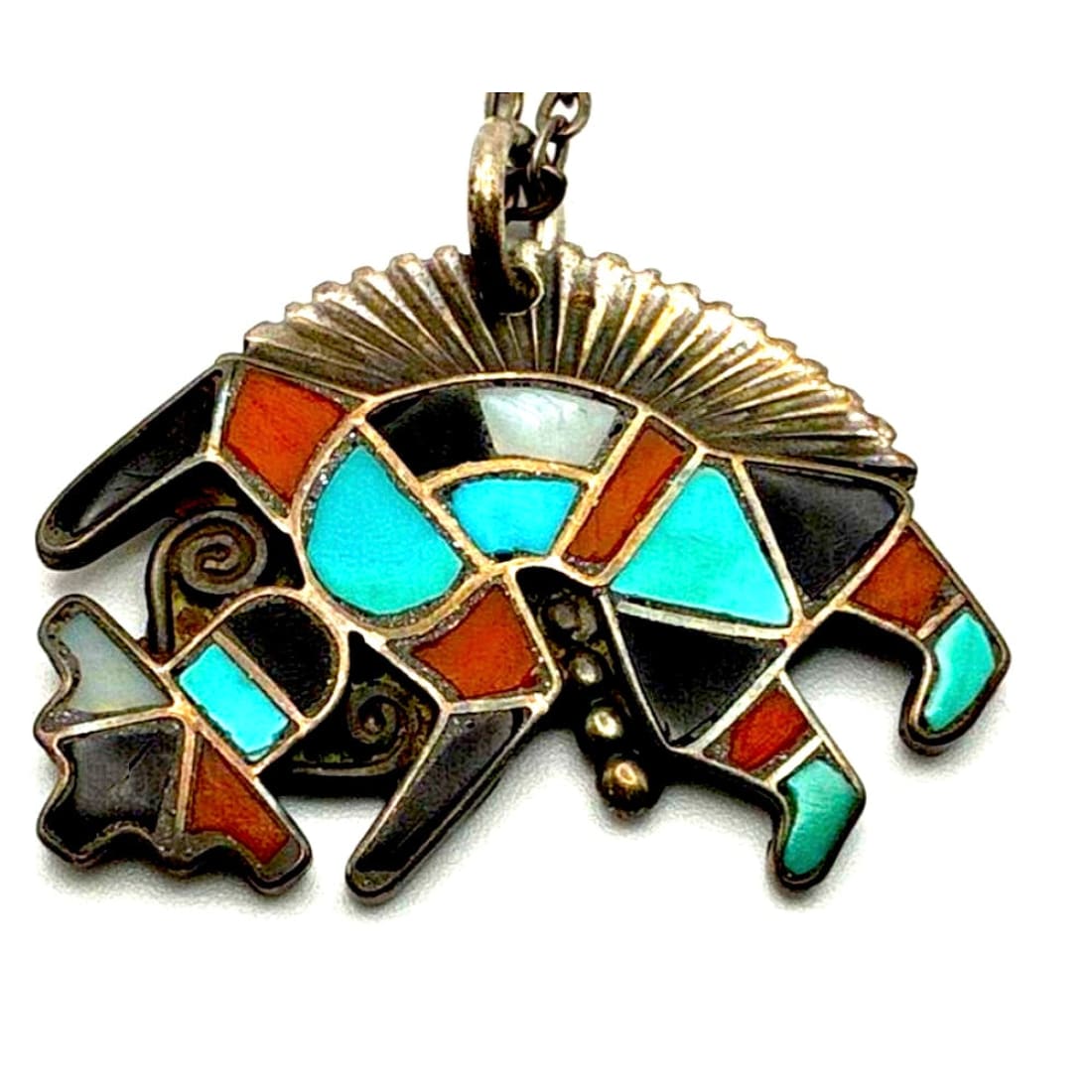 Old Pawn Zuni Rainbow Man Kachina Pendant Necklace Sterling Silver Turquoise Coral MOP
