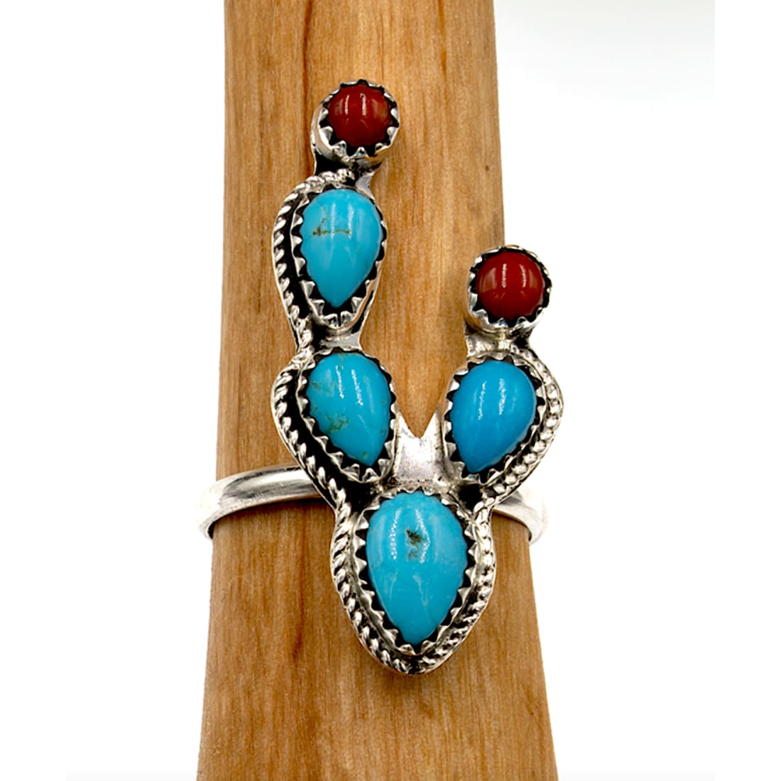 Navajo Cactus Ring Sz 6 Sterling Silver Kingman Turquoise Coral