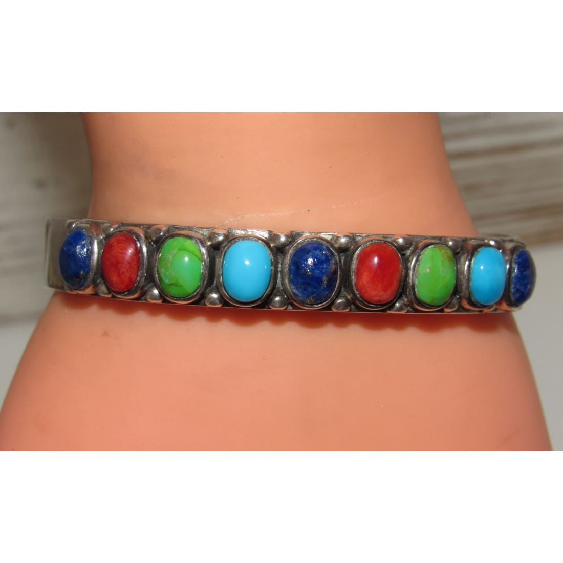 Vintage Navajo Turquoise Spiny Lapis Stacker Cuff Bracelet Sterling Silver
