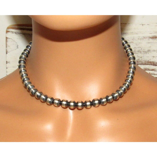 8mm Navajo Pearls Necklace Sterling Silver Choker Necklace 16"L