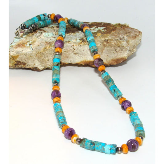 Navajo Rolled Shell Orange Spiny, Amethyst & Turquoise Heishi Choker Necklace