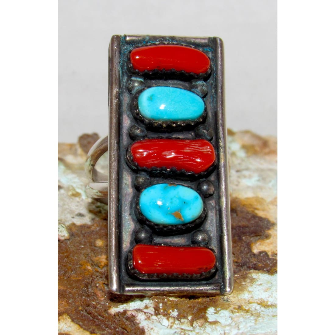 Navajo Coral Turquoise Cluster Statement Ring Sz 7.5 Sterling Silver Signed