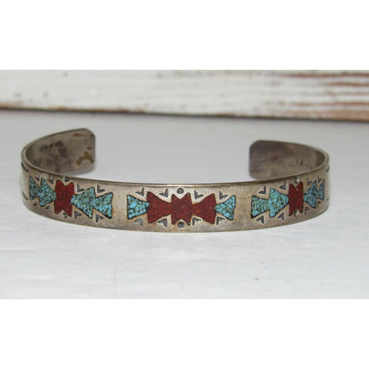 Vintage Navajo Turquoise Coral Inlay Stacker Cuff Bracelet Sterling Silver
