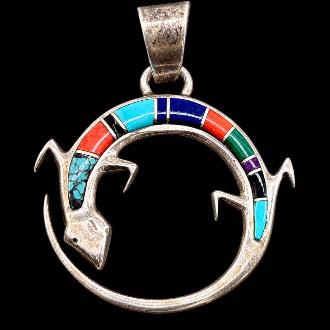 Navajo Calvin Begay Inlay Lizard Pendant Sterling Silver Touch of Santa Fe TSF
