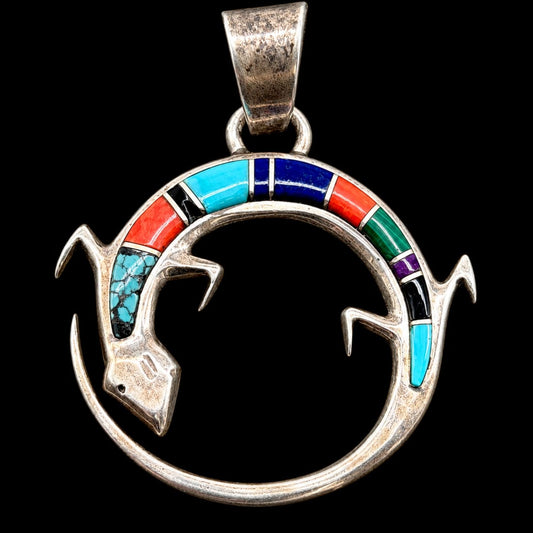 Navajo Calvin Begay Inlay Lizard Pendant Sterling Silver Touch of Santa Fe TSF