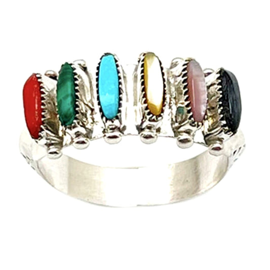 Zuni Multi Stone Petite Point Ring Sz 8 Sterling Turquoise Coral Malachite