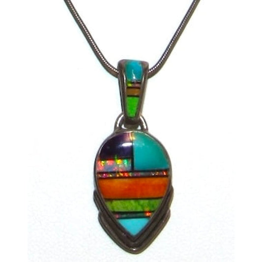 Vintage Navajo Turquoise Spiny Channel Inlay Pendant Sterling Silver Necklace Signed